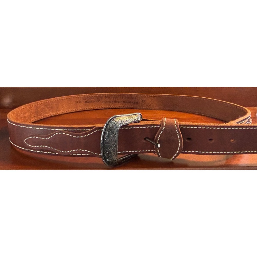 Heritage Leathers USA Brown Full Grain Leather Western Belt Silver Buckle 44